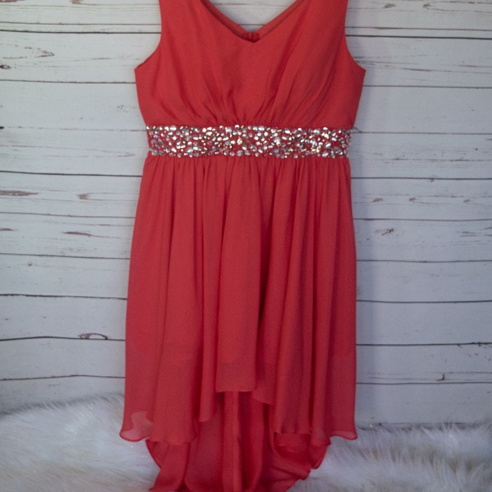 Coral high low beaded waist dress